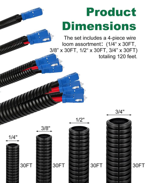 Split Wire Loom Kit With Four Sizes And 120 Ft Total Length 30 Ft Each One Quarter Inch Three Eighths Inch One Half Inch And Three Quarters Inch Diameter Flame Retardant Polypropylene Conduit For Automotive Wiring And Cable Protection, showing all four sizes with connectors.