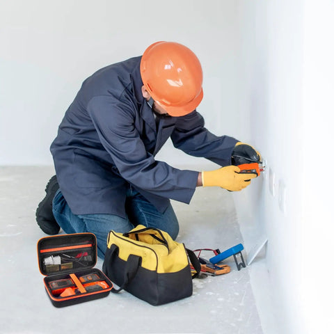 Technician using Tough As Nails Case For Klein Tools ET310 AC Circuit Breaker Finder And Integrated GFCI Outlet Tester with tools.