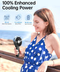 Woman using Misting Handheld Fan With 180 Degree Fold USB Rechargeable Personal Cooling Sprayer 3 Speed Portable Breeze outdoors