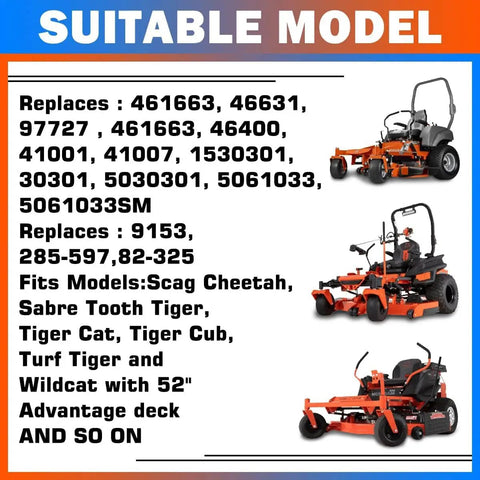 List of model numbers and lawn mowers compatible with Heavy Duty Spindle Mandrel Assembly Replacement For Scag 52 and 61 Inch decks