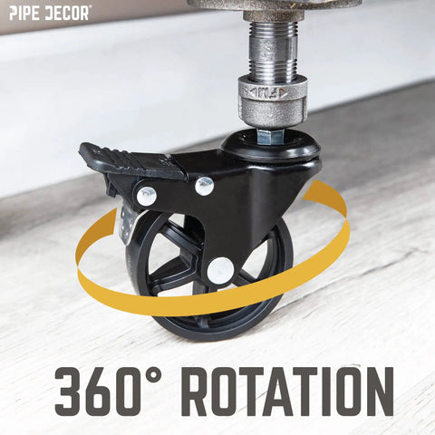 Close-up of Zero Hassle Screws On Swivel Caster Wheels For Half Inch Pipe, showing 360° rotation and sturdy black design.