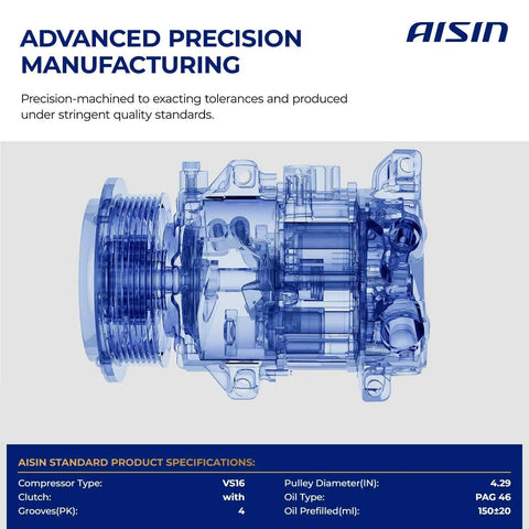 Precision Engineered Aftermarket AC Compressor With Heavy Duty Clutch, detailed view showing VS16 model and specifications for vehicles.