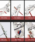 Heavy Duty Stainless Steel Wire Stripping Pliers shown in various actions including wire stripping, cutting, and splitting.