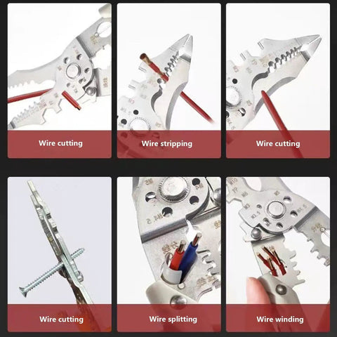 Heavy Duty Stainless Steel Wire Stripping Pliers shown in various actions including wire stripping, cutting, and splitting.
