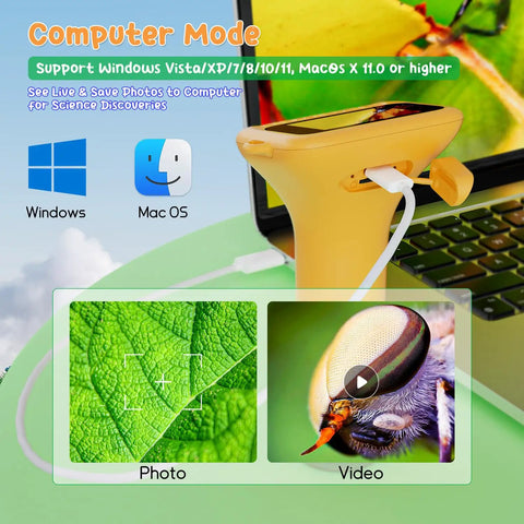 Kid Friendly Digital Microscope With 2 Inch HD Display And 1000X Zoom Handheld Pocket Scope For Science Discovery Totally Fun Educational Toy Gift For Ages 4 To 12 Boys And Girls Easy To Use Ultra Portable, yellow handheld microscope connected to laptop