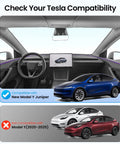 Tesla Model Y Sunshade Roof Cover compatibility check showing ineligible for Model Y 2020-2025, features dashboard and car models.