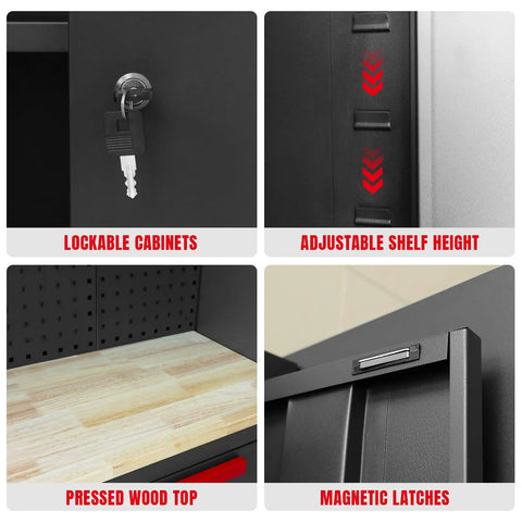 Close-up of features in Six Piece Garage Storage Cabinet System With Locking Steel Cabinets Rolling Chest Pegboard Wall Cabinets.