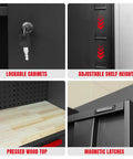 Close-up views of Six Piece Garage Storage System With Heavy Duty Steel Cabinets Drawers Rolling Chest Pegboard And Workbench showing features like lockable cabinets, adjustable shelf height, pressed wood top, and magnetic latches.