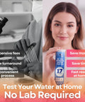 All In One Water Test Kit With 125 Strips For Home Tap And Well Water Quality Check Detects Hardness Lead Iron pH Copper Fluoride Chlorine And More With Fast Easy Accurate Results. woman holding 16-in-1 kit