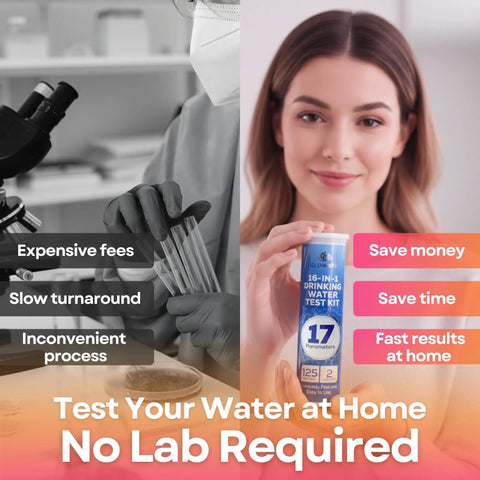 All In One Water Test Kit With 125 Strips For Home Tap And Well Water Quality Check Detects Hardness Lead Iron pH Copper Fluoride Chlorine And More With Fast Easy Accurate Results. woman holding 16-in-1 kit