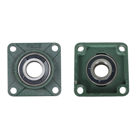 Two green square UCF208-24 pillow block bearings shown from front and back, 1-1/2 in bore, four-bolt flange