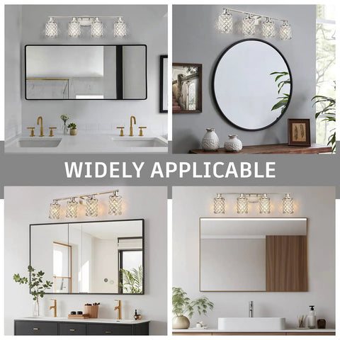 4 Light Vanity Light Fixture in Brushed Nickel With Crystal Shade over various bathroom mirrors