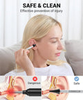 Woman using Digital Otoscope For iPhone And Android HD Ear Camera With Ear Wax Removal Tools, showing safe ear cleaning