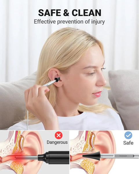 Woman using Digital Otoscope For iPhone And Android HD Ear Camera With Ear Wax Removal Tools, showing safe ear cleaning