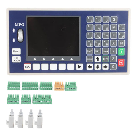 4 Axis CNC Motion Controller System For Servo And Stepper Motors, Programmable CNC Controller With Large LCD Display, Pulse Ready, Compact Single Board Solution For Precise Motion And Easy G Code Programming. Front view with LCD, keypad, terminal blocks