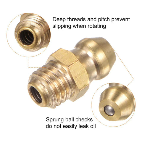 Close-up of Brass Straight Grease Fittings Set 15 Pieces One Quarter Inch Twenty Eight SAE Thread Nipple Accessories