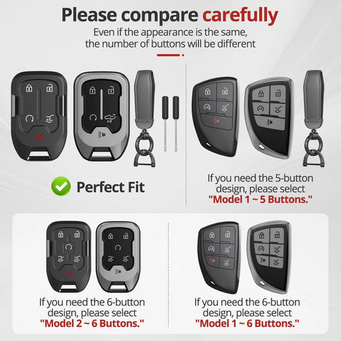 Image showing different Chevy GMC key fob designs for models with 5 or 6 buttons, highlighting compatibility details.