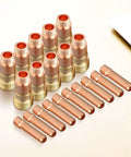 Ultimate 20 Piece Tig Welding Consumables Kit With 3/32 Nozzle And Stubby Gas Lens For Wp-17 18 26 Models showing copper and ceramic nozzles and gas lenses.