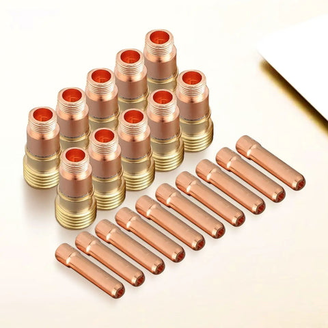 Ultimate 20 Piece Tig Welding Consumables Kit With 3/32 Nozzle And Stubby Gas Lens For Wp-17 18 26 Models showing copper and ceramic nozzles and gas lenses.