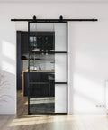 36 By 84 Inch Metal And Glass Sliding Barn Door With Hardware Kit Soft Close Included, installed, black frame, clear panels
