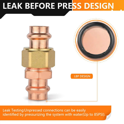 Leak before press design one inch copper press union coupling with hex nut for Type M L K tubing potable water.