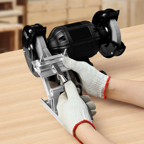 Person using Adjustable Bench Grinder Tool Rest For 6 Inch Or 8 Inch Grinders With Flat Miter Slide Replacement Sharpening Jig