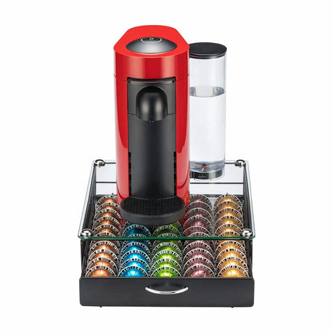 Neat And Tidy 50 Pod Vertuo Capsule Holder With Crystal Tempered Glass Top For Nespresso Vertuo Pods Storage Organizer underneath red coffee machine