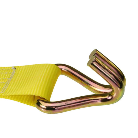 Built Tough As Nails 3 Inch Wide X 20 Feet Yellow Ratchet Straps With Wire Hook showcasing the metal wire hook detail.