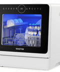 Compact Countertop Dishwasher With Six Place Settings Ten Preprogrammed Cycles And Baby Care Mode Hot Air Drying visible with dishes and utensils.
