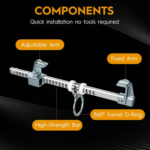 Portable Aluminum Horizontal Sliding Beam Anchor For Construction Safety Adjustable I Or H Beam Clamp With Carry Bag No Sweat Setup showing adjustable arm and swivel D-ring.