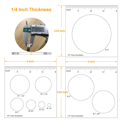 Sturdy Hardened Acrylic Three Piece Router Template Set For Woodworking And Circle Inlay Projects showing 4 inch by 3.92 inch templates.