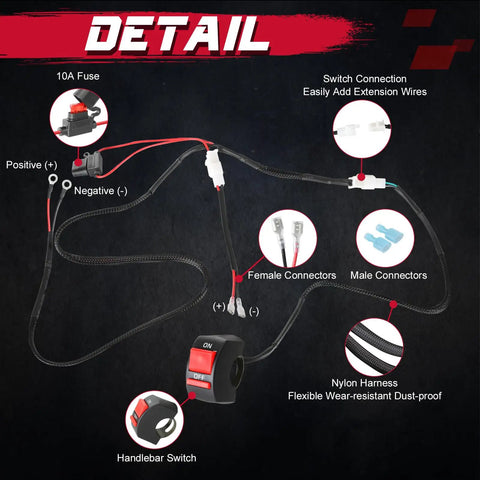Motorcycle LED Light Wiring Harness Kit With Handlebar Switch And 10 Amp Fuse For ATV Dirt Bike Ebike Scooters Ride Ready Driving And Fog Lights 12V 4.8 Foot Cable 22mm Bar