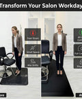 Before-and-after image showing Top Shelf Anti Fatigue Salon And Barber Mat Heavy Duty Flex Black Non Slip Flooring Made In Usa under chair.