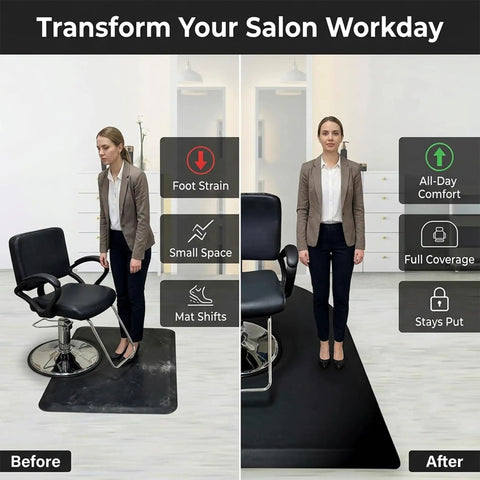 Before-and-after image showing Top Shelf Anti Fatigue Salon And Barber Mat Heavy Duty Flex Black Non Slip Flooring Made In Usa under chair.