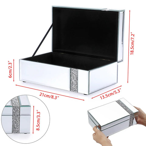 Lux Glass Mirrored Jewelry Box With Crushed Diamonds Strip Decor And Blinged Out Sparkle Accent Storage Open View 8.3 x 5.3 x 3.3 in