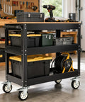 5 Inch Heavy Duty Caster Wheels Set Of 4 Black PU Tread With 2 Rigid And 2 Swivel Units on a rolling workshop cart with tools.