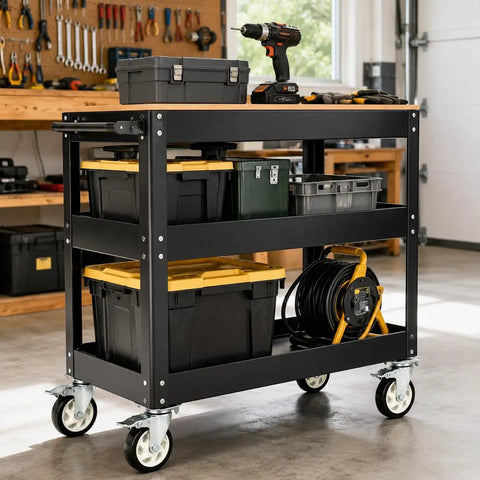 5 Inch Heavy Duty Caster Wheels Set Of 4 Black PU Tread With 2 Rigid And 2 Swivel Units on a rolling workshop cart with tools.