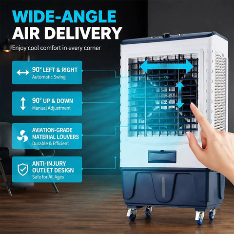 Portable Evaporative Air Cooler With Mechanical Knobs And Auto Swing, Three Speeds Pump Out Kickin Cool Airflow For Bedroom Or Studio Setup, Sweet Easy Glide Design Chases Away Sticky Summer Days In Seconds with wide-angle air delivery features.