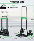 Built Tough Heavy Duty Hand Truck With Stair Climbing Wheels And One Touch Retractable Handle, dimensions shown.