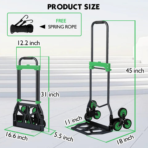 Built Tough Heavy Duty Hand Truck With Stair Climbing Wheels And One Touch Retractable Handle, dimensions shown.