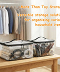 6 Pack Extra Large Clear Toy Storage Bags With Name Tags And Mesh Pockets Waterproof PVC Organizer For Toys Board Games Building Blocks Puzzles And Dolls With Black Edges on table with household items inside