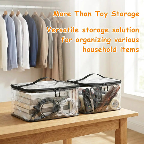 6 Pack Extra Large Clear Toy Storage Bags With Name Tags And Mesh Pockets Waterproof PVC Organizer For Toys Board Games Building Blocks Puzzles And Dolls With Black Edges on table with household items inside