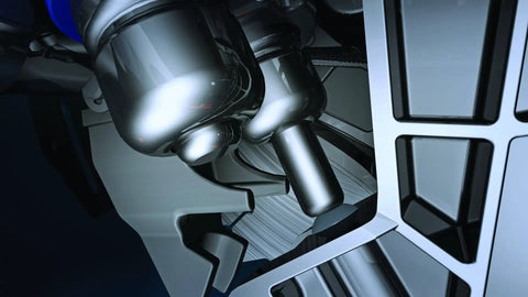 Close-up of dual activation cartridge unit with two single shot cylinders for two activations in fine finish saw setup