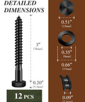 Heavy Duty Five Sixteenth Inch By Three Inch Hex Head Lag Bolts With Flat Washers In 304 Stainless Steel 18 8 Black For Wood With Hex Socket Pack Of Twelve Sets dimensions diagram