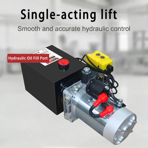 Heavy Duty Single Acting Hydraulic Pump 8 Quart Power Unit With 12V DC Motor And SAE #6 Fittings showing hydraulic oil fill port and electric motor.