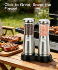 Sleek Stainless Steel Electric Salt And Pepper Grinder Set With Led Light, Adjustable Coarseness, Rechargeable Battery, Storage Base, Premium Automated Spice Mill For Modern Kitchen Gadgets on a picnic table.