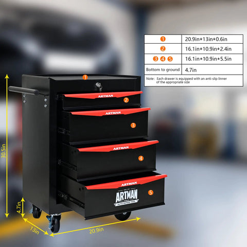 Heavy Duty Rolling Tool Chest With Locking Wheels And Ball Bearing Drawers, Metal Black Tool Box, 4 Drawer Storage