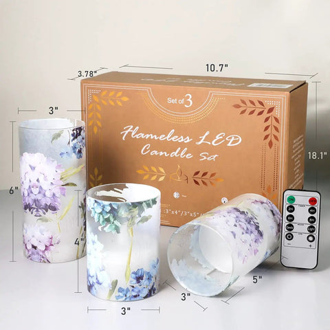 Flameless Battery Operated Candles With Remote Hydrangea Glass Pillar Centerpiece For Wedding And Home Decor, Romantic Flickering Warm White Light, Pink Purple Blue Hydrangea Decor, Remote Control Convenience