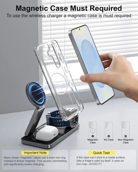 3-In-1 Magnetic Wireless Charging Station For Galaxy Phones Watches And Buds on desk with phone being placed on stand