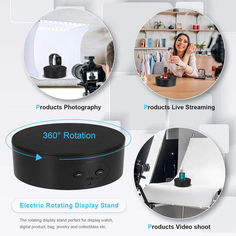 Bosgladek Motorized Rotating Display Stand, Spinning Turntable for Jewelry Watches Models and Cakes in use for live streaming and photography.